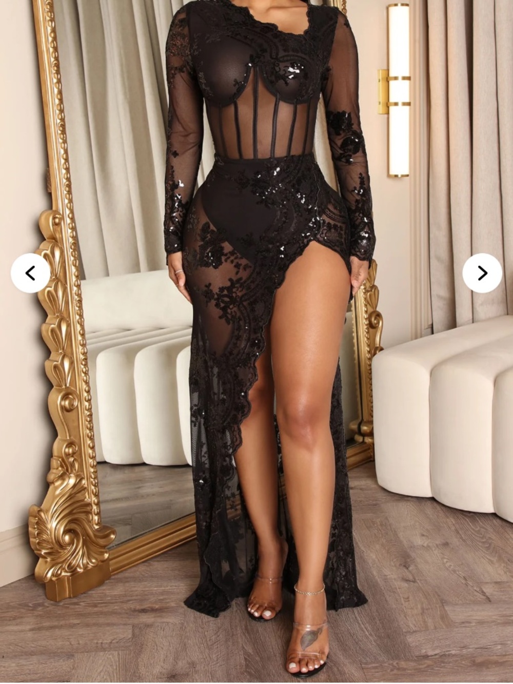 FashionNova Black Sheer Lace Corset Maxi Dress